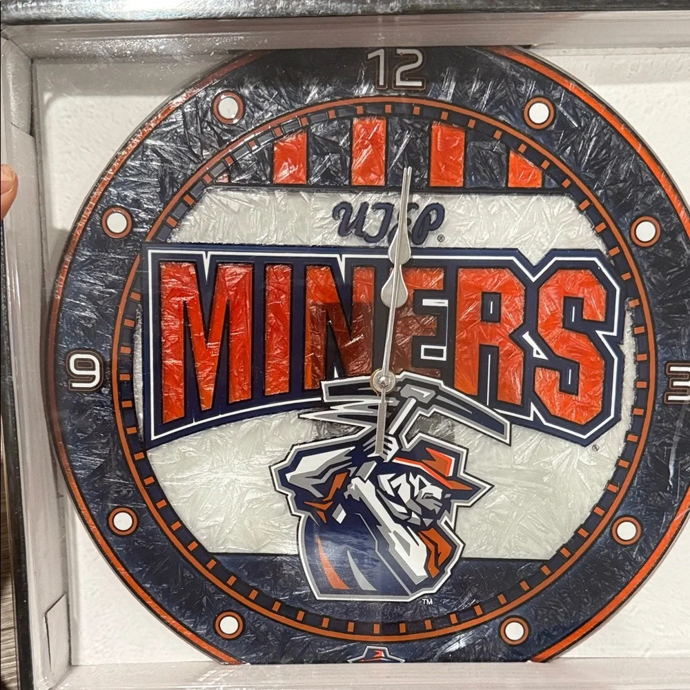 UTEP Miners Art-Glass Wall Clock - Orange and Blue